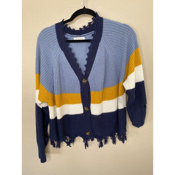 Full Circle Trends Womens Cardigan XL Distressed Striped Button-Up acrylic - Picture 2 of 7
